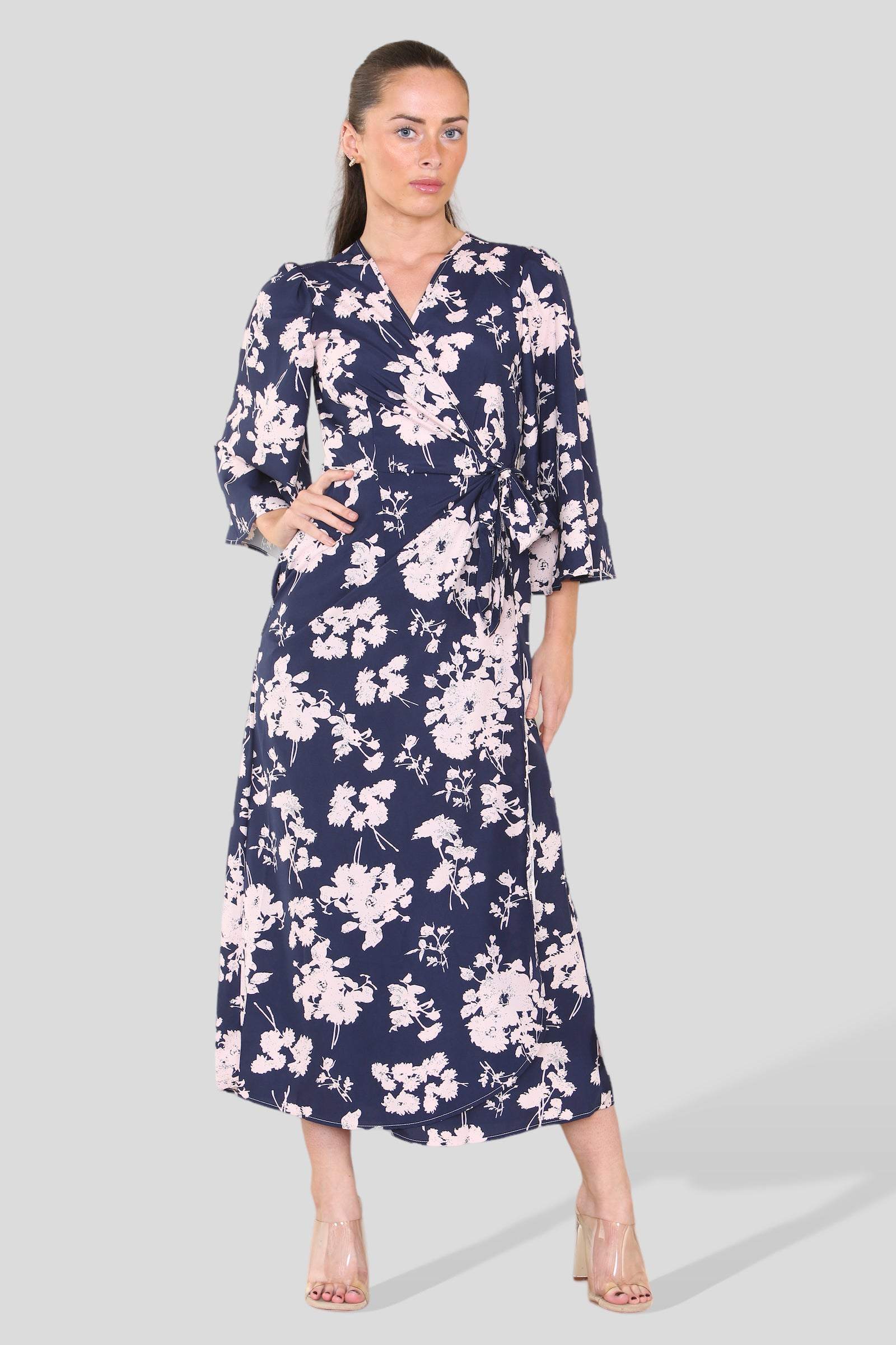 Love Sunshine Navy Floral Printed Bell Sleeve Wrap Maxi Dress Dress with Pockets Garden Party Dress Going Out Dress LS-2314L Short Sleeve Dress Summer Dress Tea Dress Wedding Guest Dress