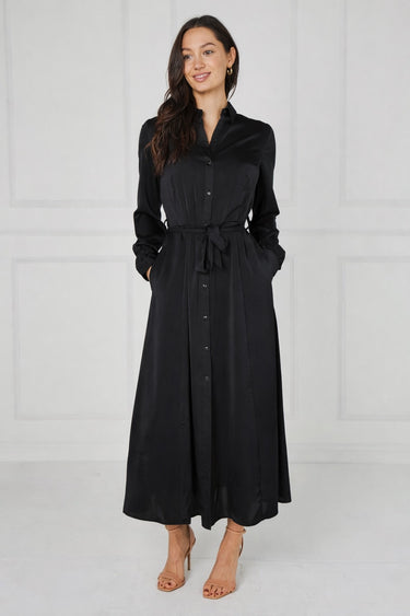 Black Velvety Satin Maxi Shirt Dress