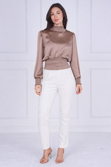 Mocha Creased Satin Shirred Waist Top