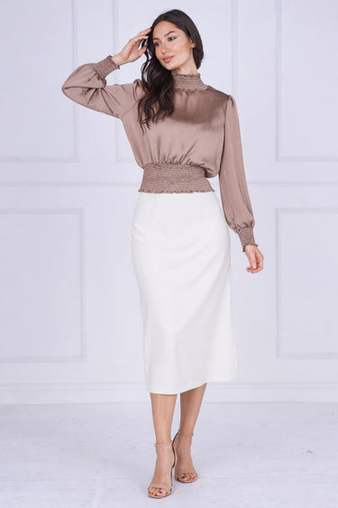 Mocha Creased Satin Shirred Waist Top