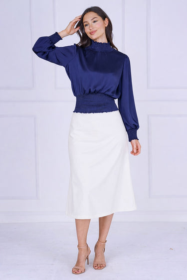 Navy Creased Satin Shirred Waist Top