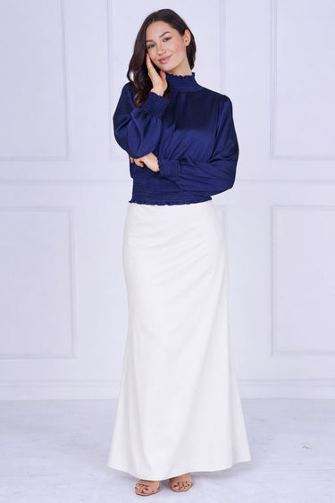 Navy Creased Satin Shirred Waist Top