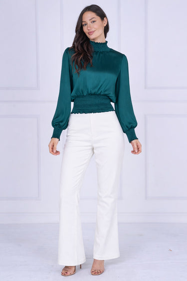 Emerald Creased Satin Shirred Waist Top