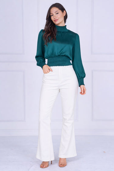 Emerald Creased Satin Shirred Waist Top