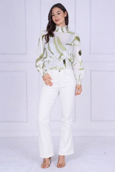 Sage Brushstroke Smocked High Neck Blouse