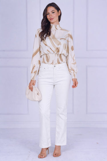 Sand Brushstroke Smocked High Neck Blouse