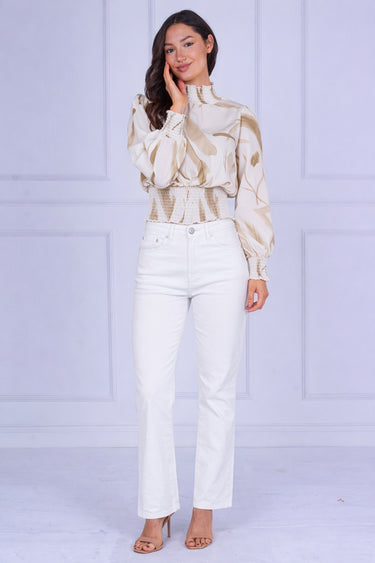 Sand Brushstroke Smocked High Neck Blouse