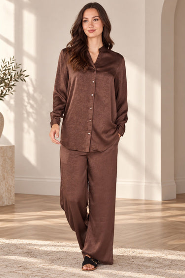 Love Sunshine Chocolate Brown Satin Shirt & Wide Leg Trouser Co-ord Set Co ord sets LS-5002 LS-5002&9057 LS-9057