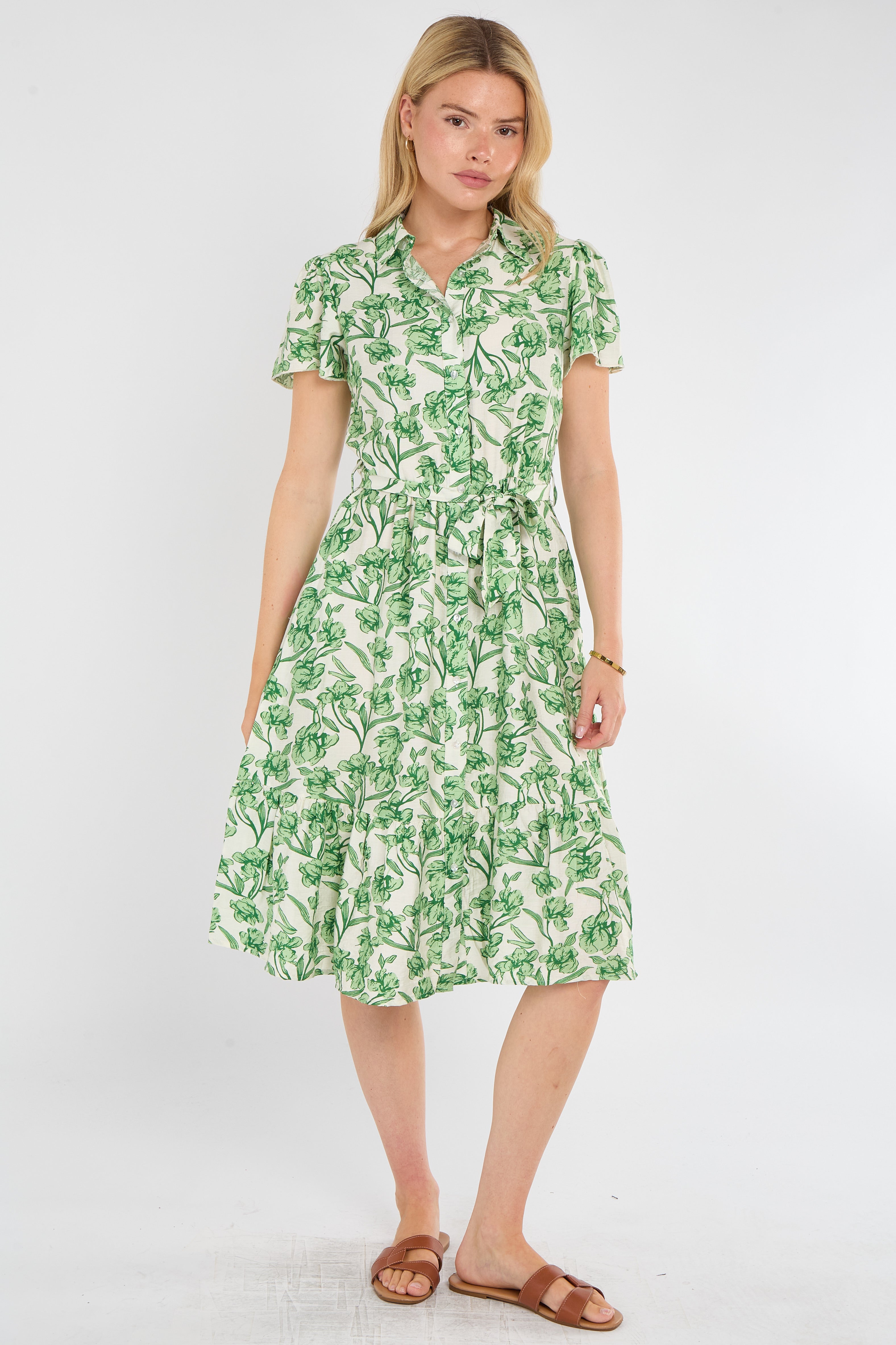 Fresh Green Floral Print Midi Shirt Dress