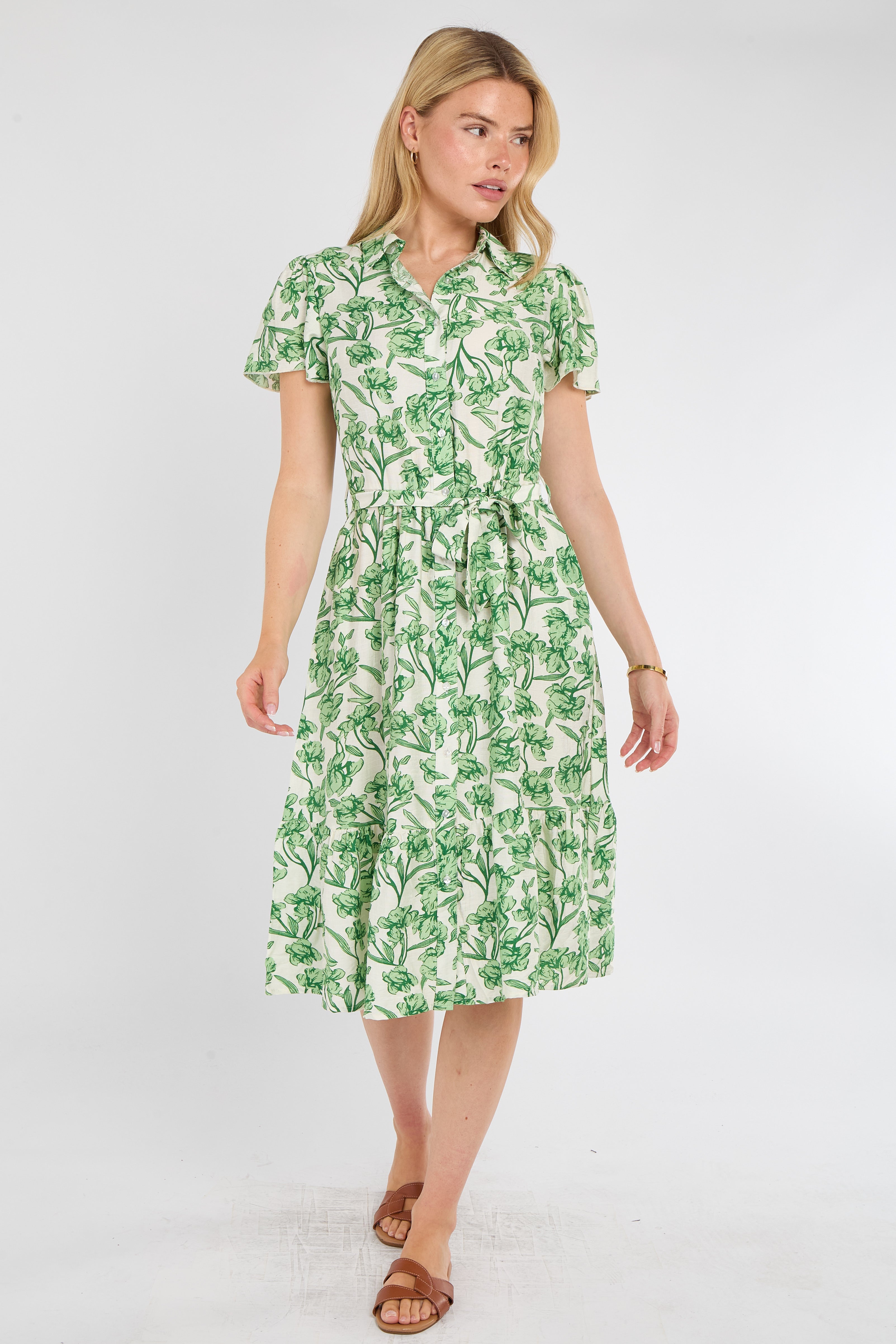 Fresh Green Floral Print Midi Shirt Dress