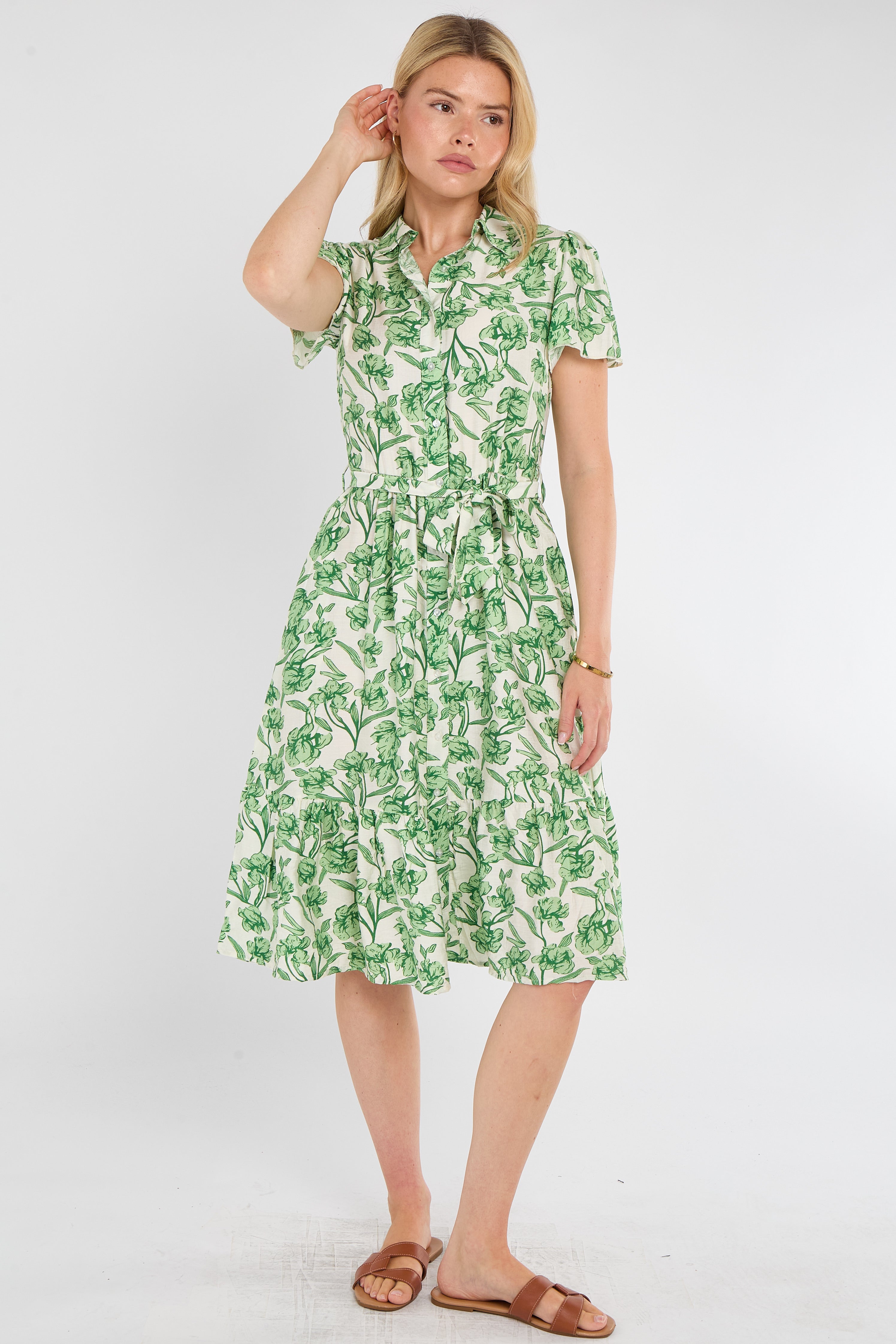 Fresh Green Floral Print Midi Shirt Dress