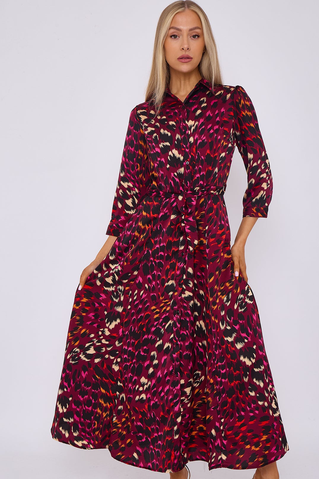 Deep Fuchsia Leopard Print Satin Maxi Shirt Dress
