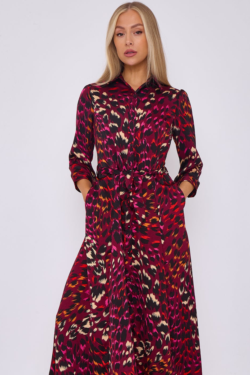 Deep Fuchsia Leopard Print Satin Maxi Shirt Dress