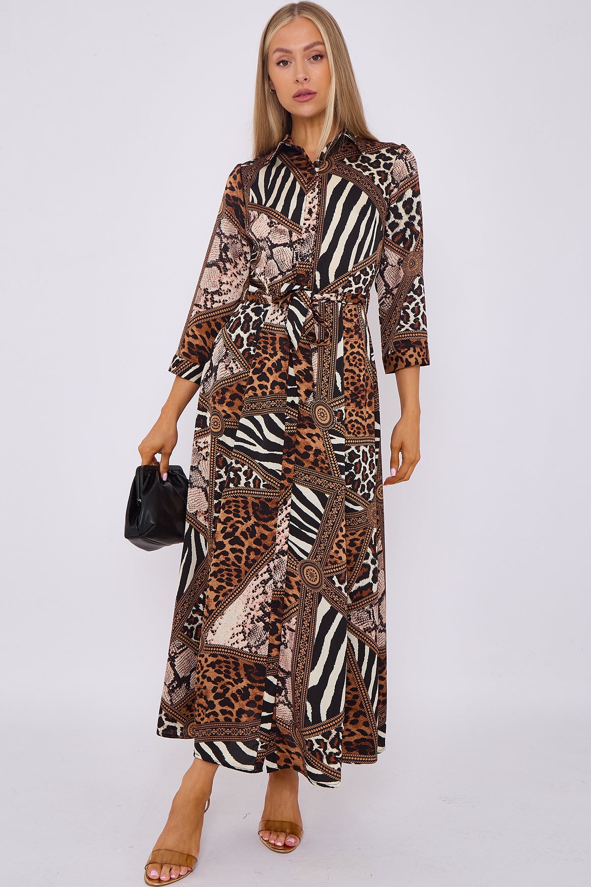 Mixed Brown Leopard Print Satin Maxi Shirt Dress