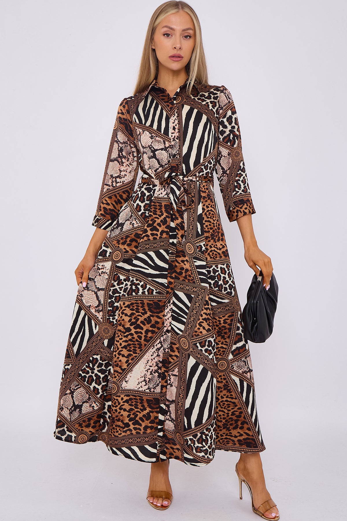 Mixed Brown Leopard Print Satin Maxi Shirt Dress