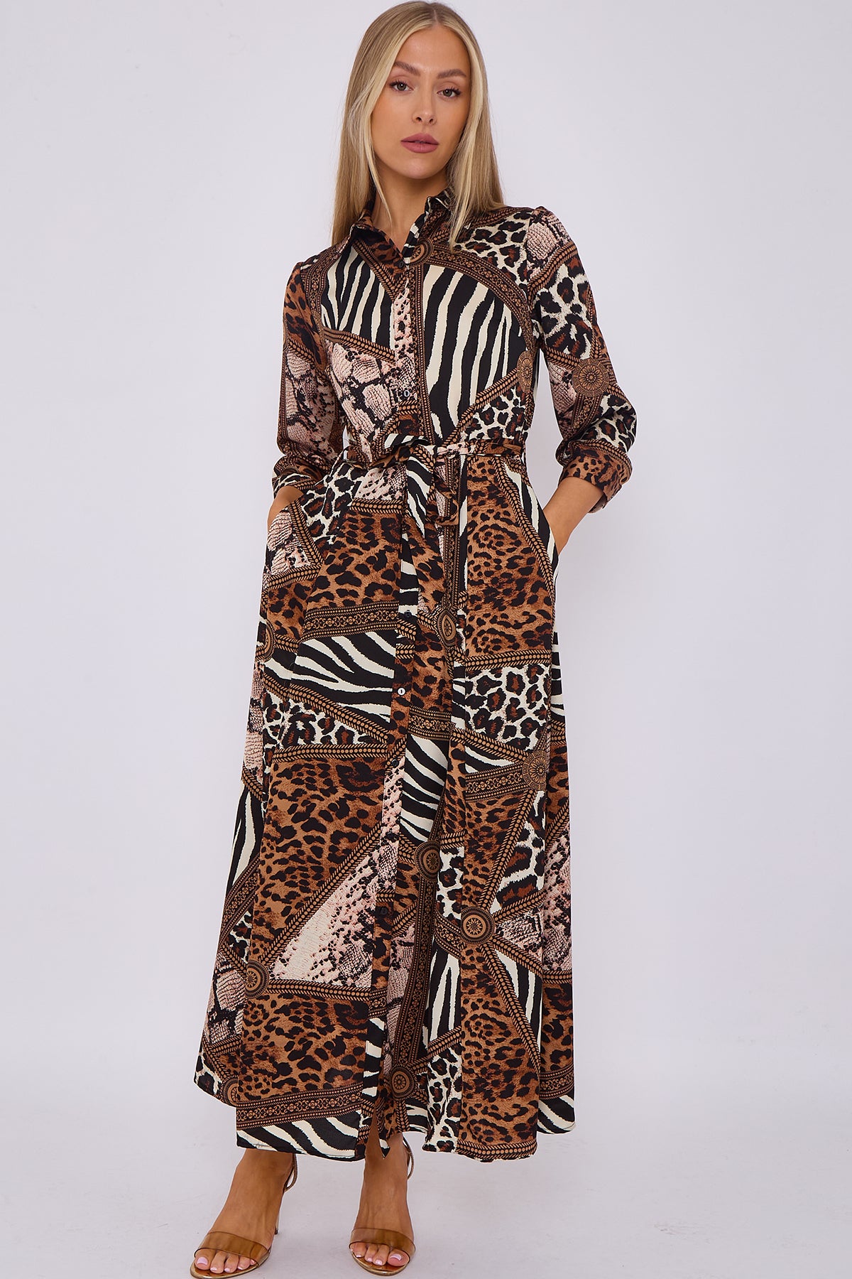 Mixed Brown Leopard Print Satin Maxi Shirt Dress
