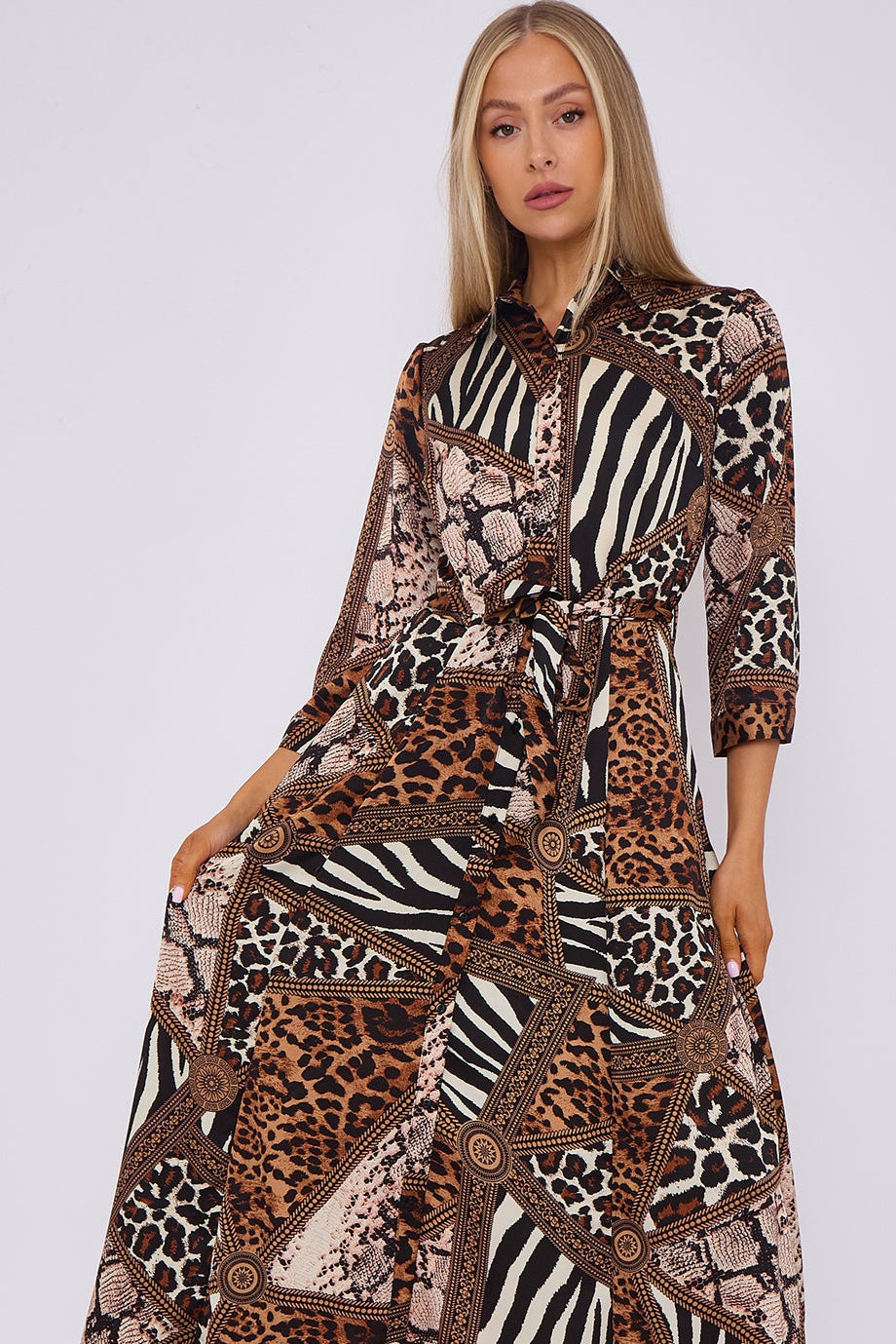 Mixed Brown Leopard Print Satin Maxi Shirt Dress