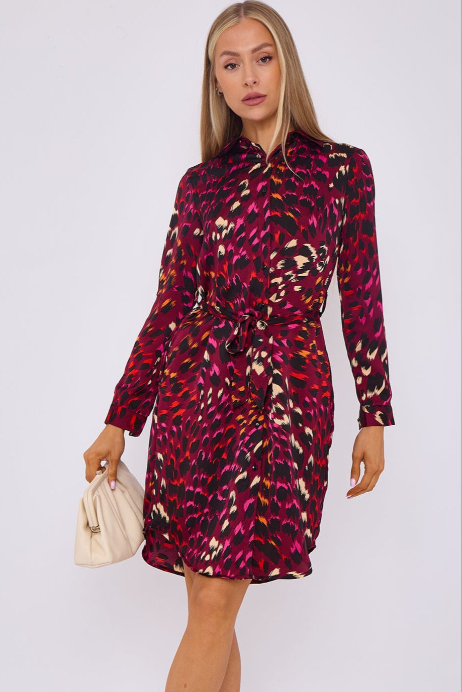 Deep Fuchsia Leopard Print Bubble Satin Mini Shirt Dress