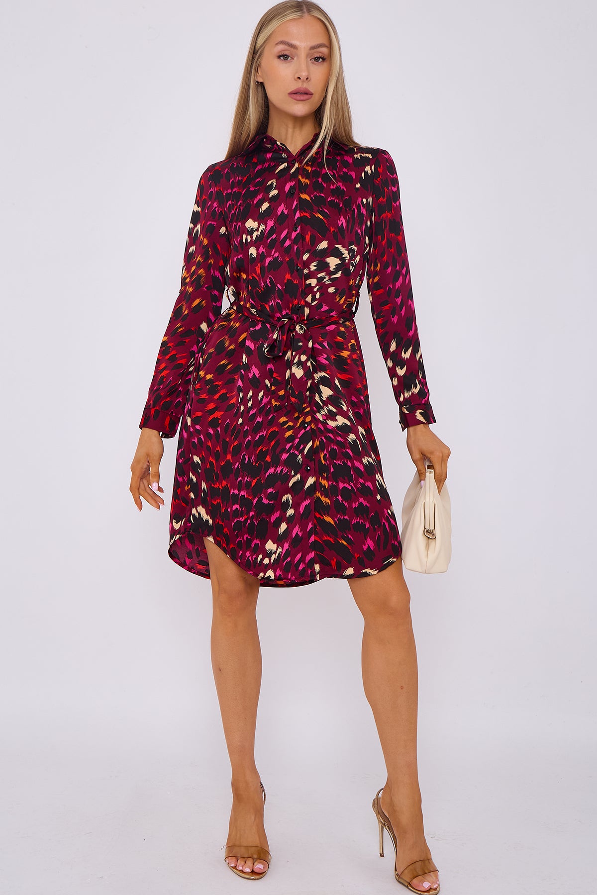 Deep Fuchsia Leopard Print Bubble Satin Mini Shirt Dress