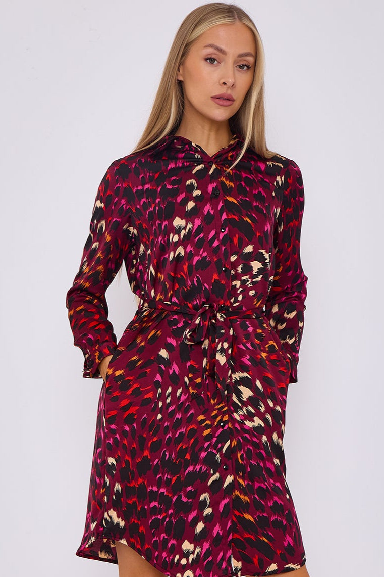 Deep Fuchsia Leopard Print Bubble Satin Mini Shirt Dress
