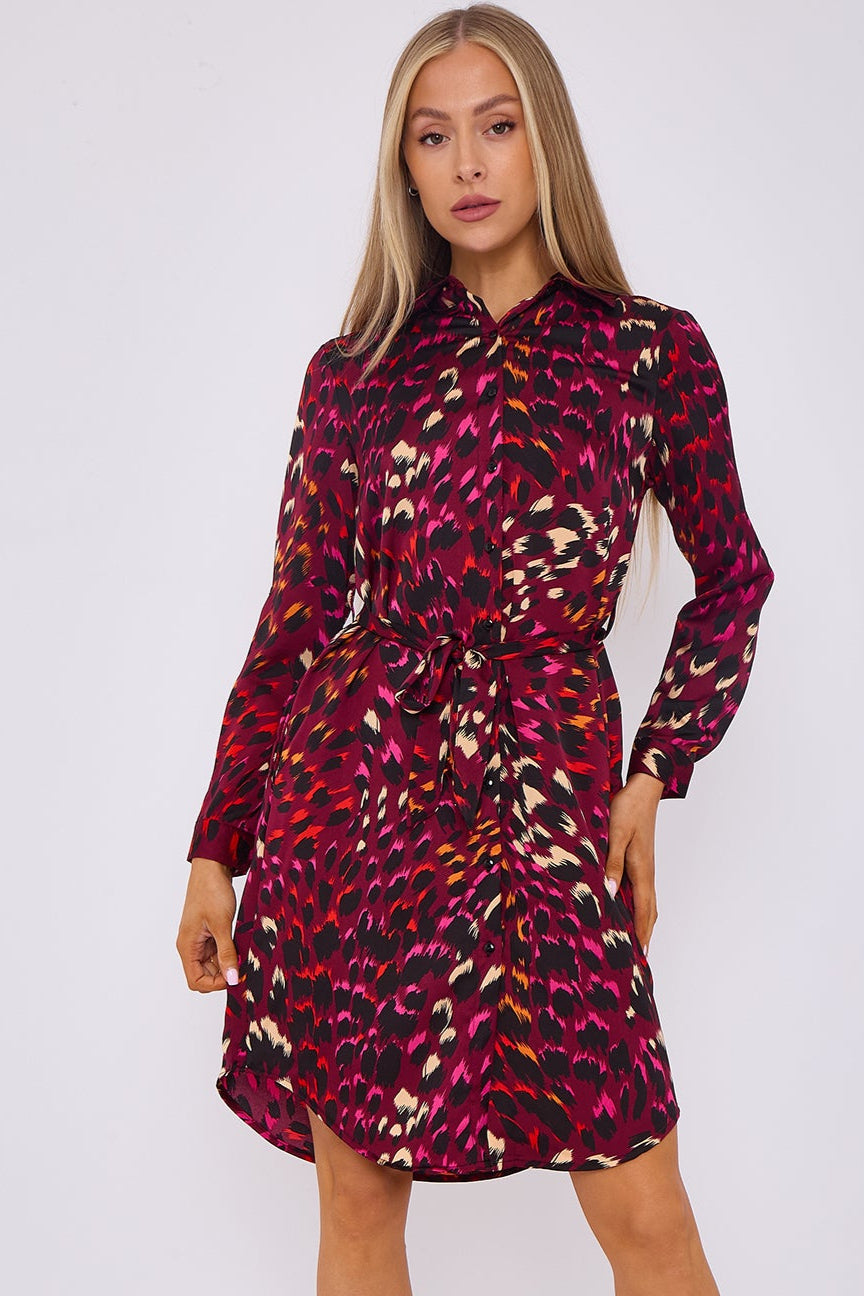 Deep Fuchsia Leopard Print Bubble Satin Mini Shirt Dress