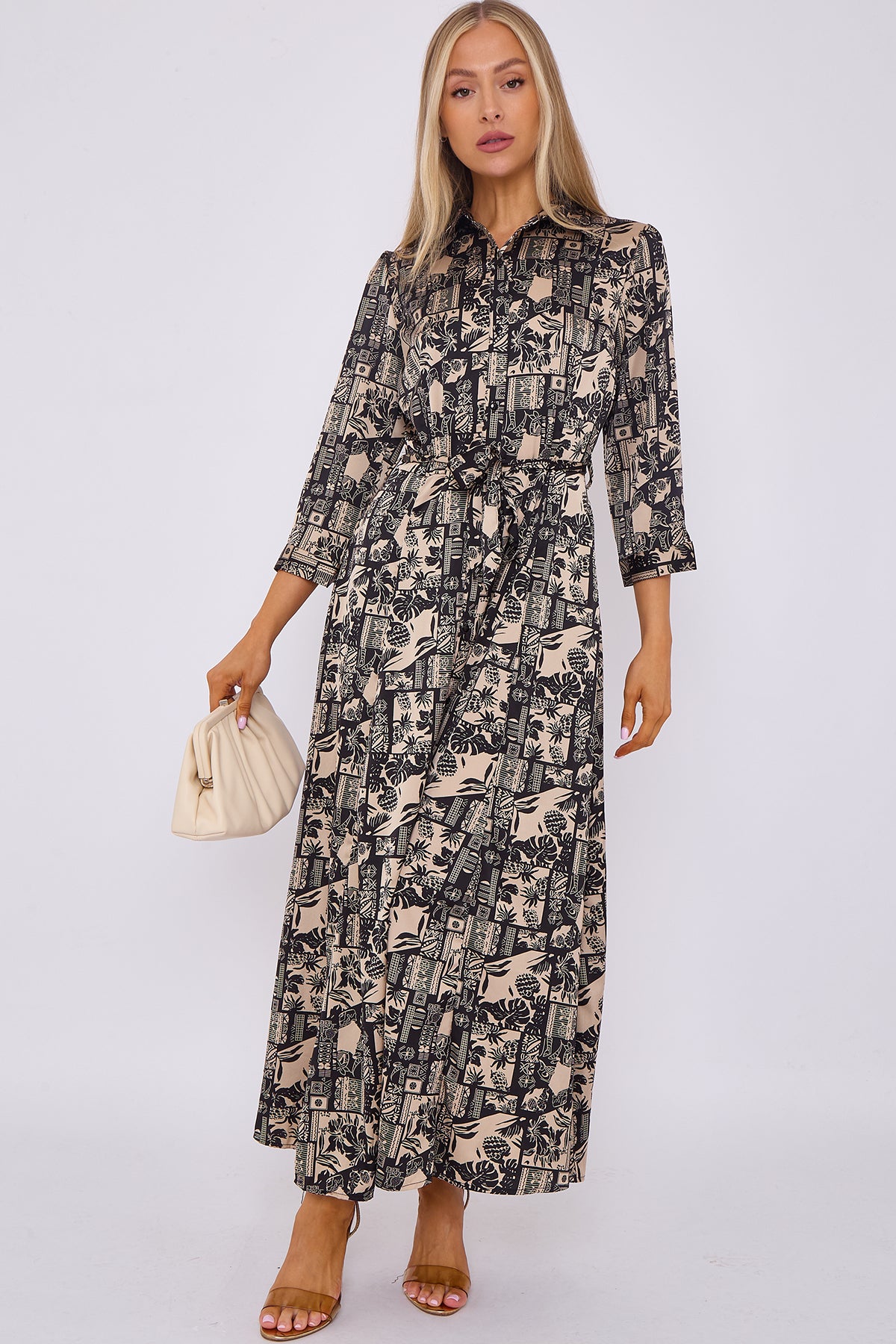 Black Botanical Patchwork Print Satin Maxi Shirt Dress