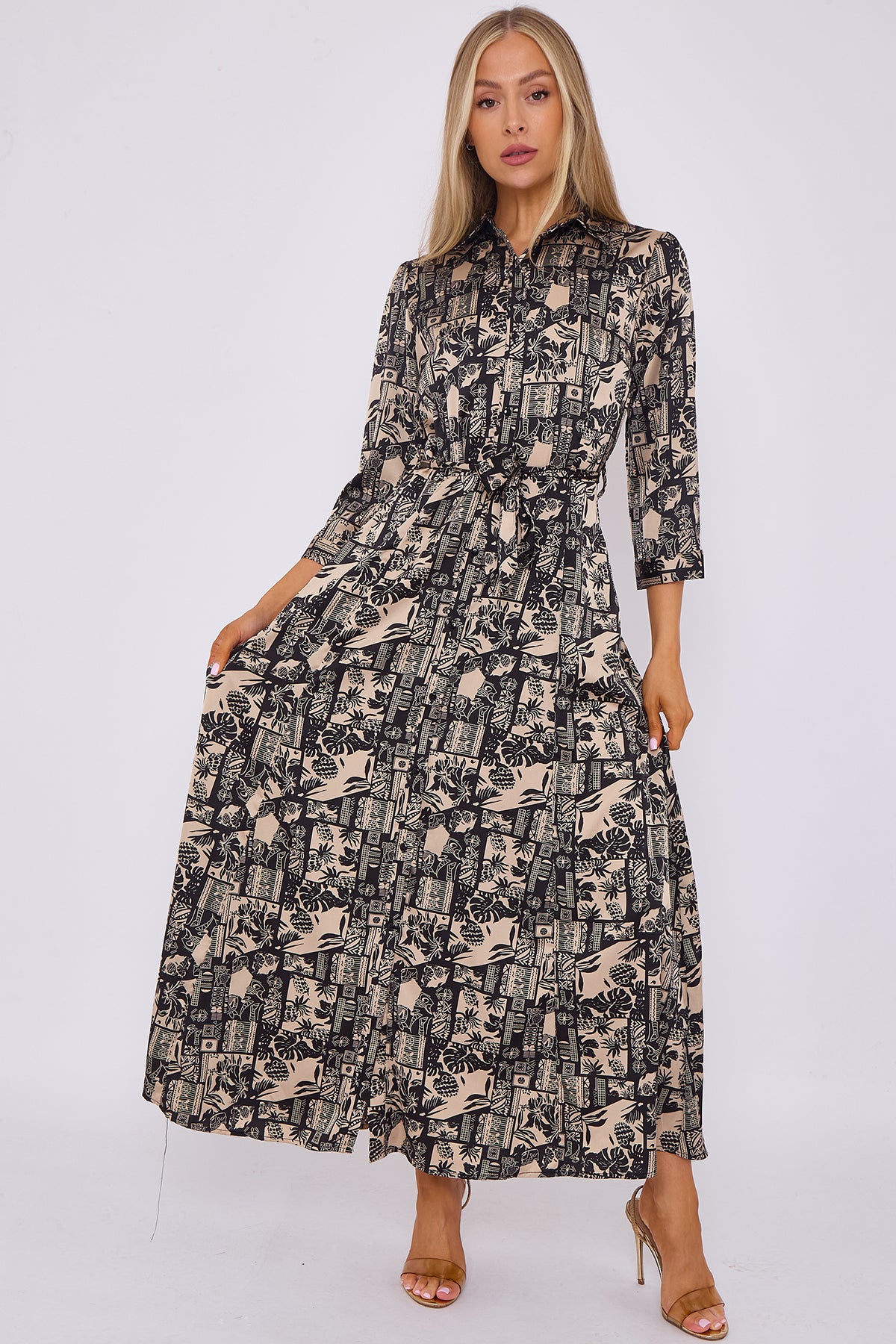 Black Botanical Patchwork Print Satin Maxi Shirt Dress