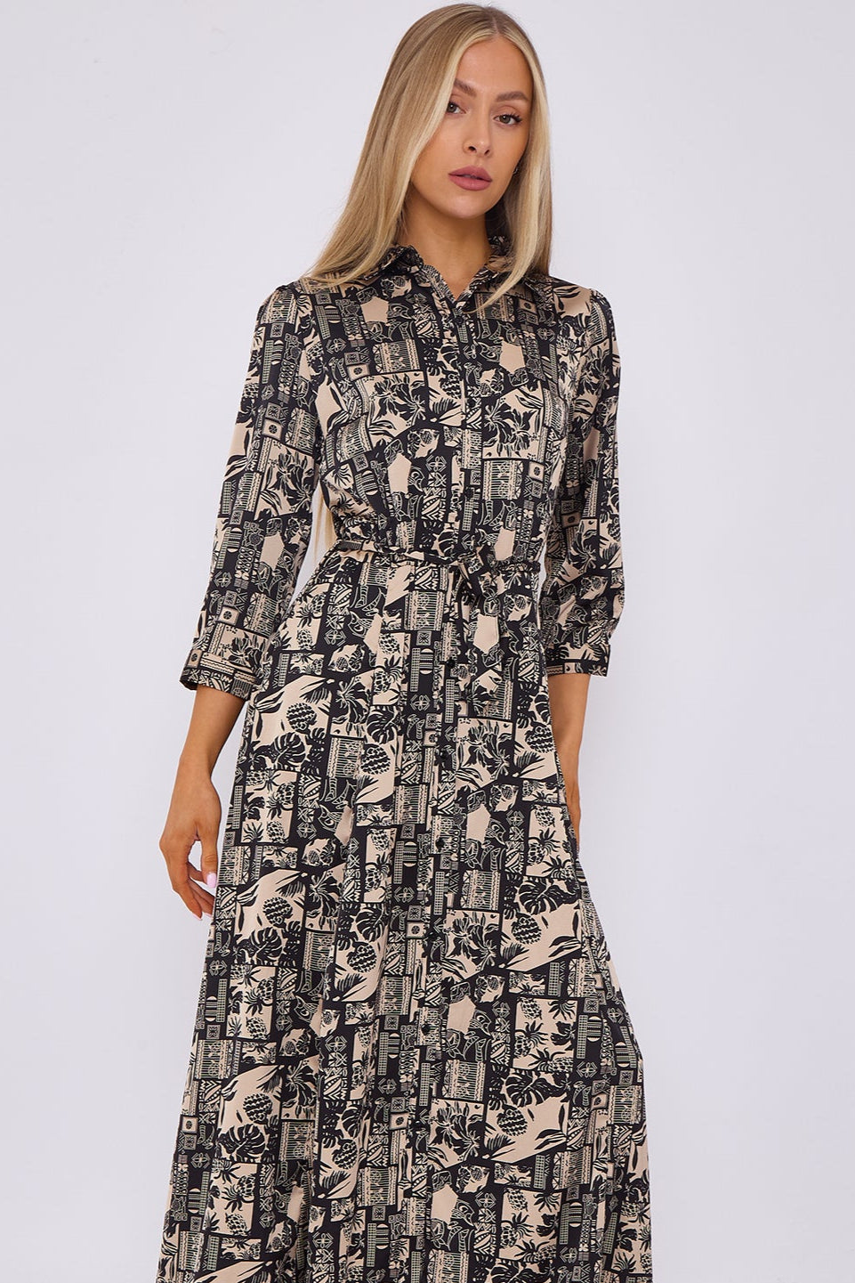 Black Botanical Patchwork Print Satin Maxi Shirt Dress
