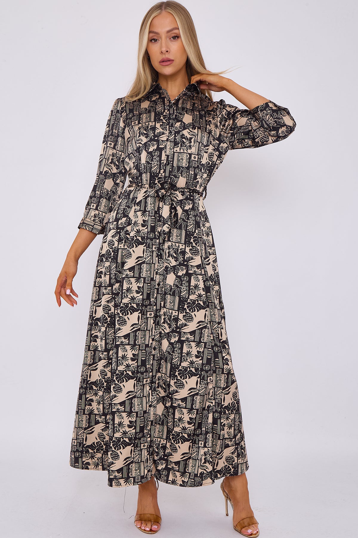 Black Botanical Patchwork Print Satin Maxi Shirt Dress