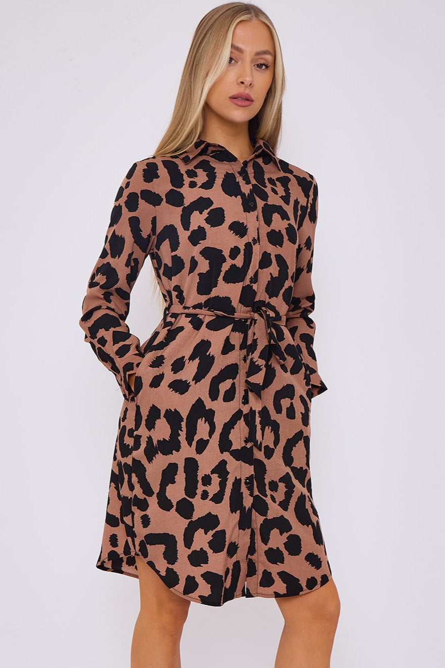 Tan Leopard Print Mini Shirt Dress