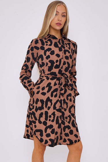 Tan Leopard Print Mini Shirt Dress