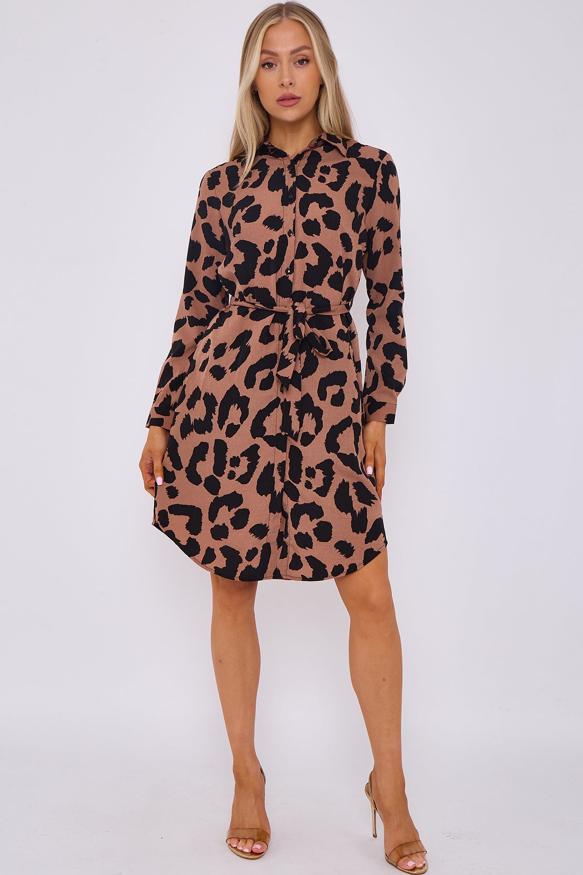 Tan Leopard Print Mini Shirt Dress