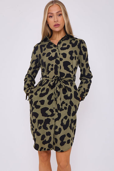 Khaki Leopard Print Mini Shirt Dress