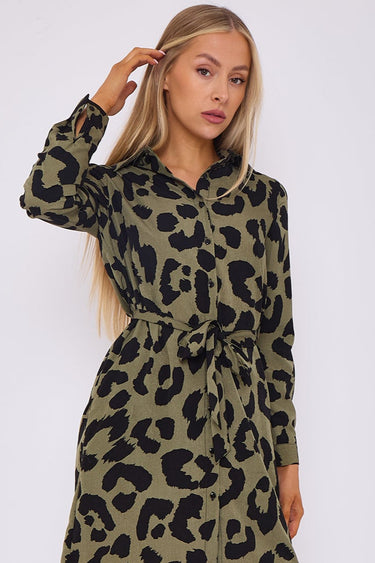 Khaki Leopard Print Mini Shirt Dress