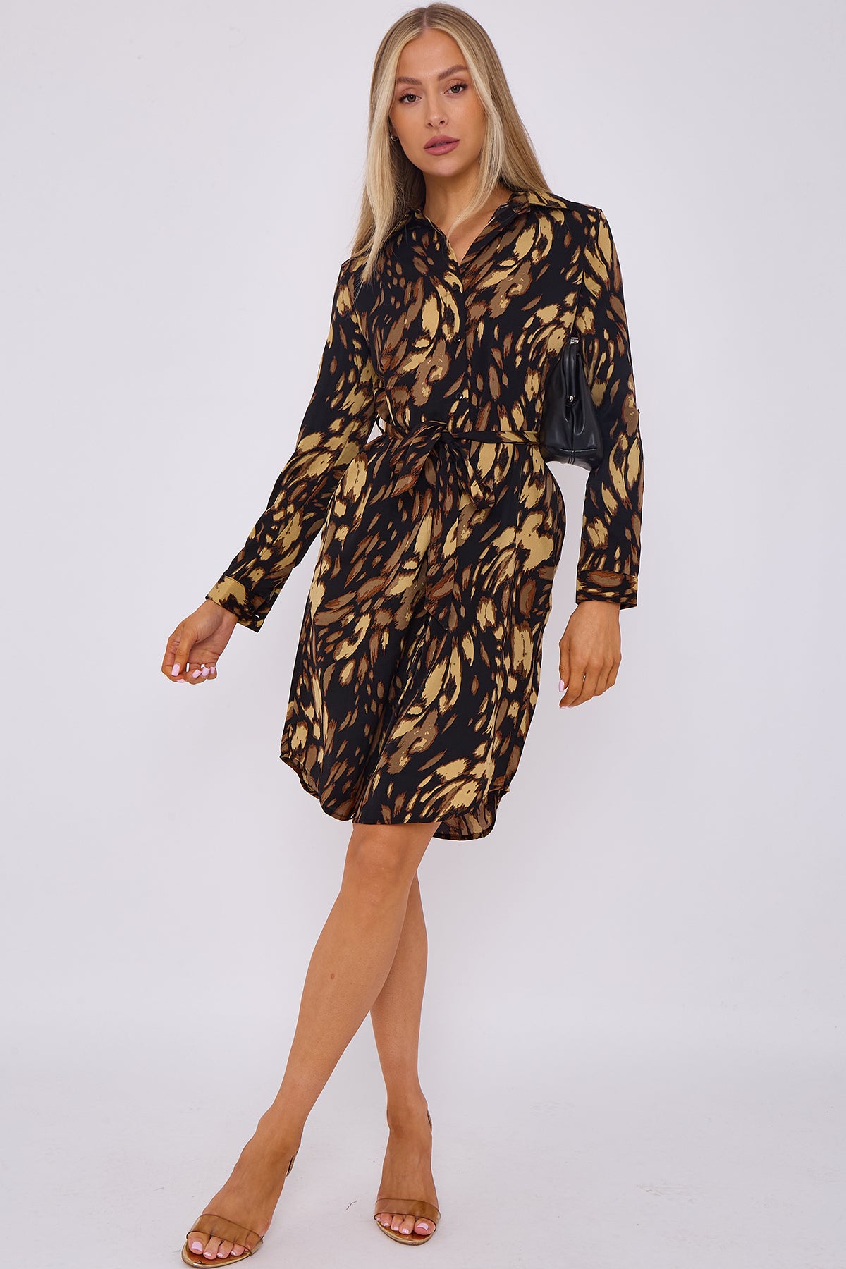 Black Leopard Print Belted Mini Shirt Dress