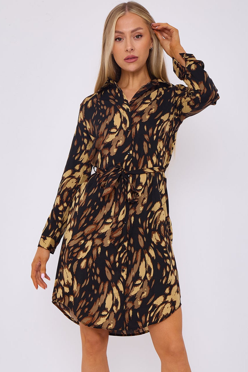 Black Leopard Print Belted Mini Shirt Dress