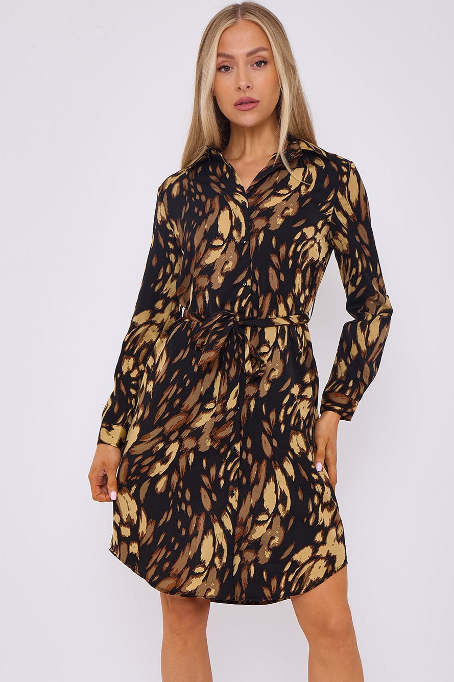 Black Leopard Print Belted Mini Shirt Dress