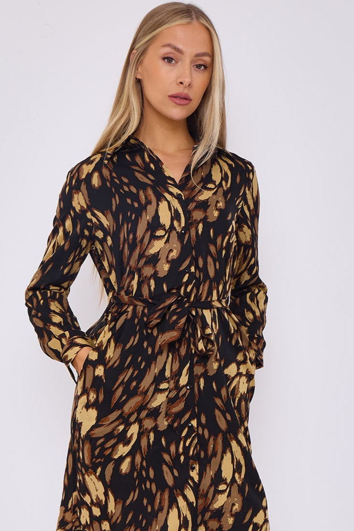 Black Leopard Print Belted Mini Shirt Dress