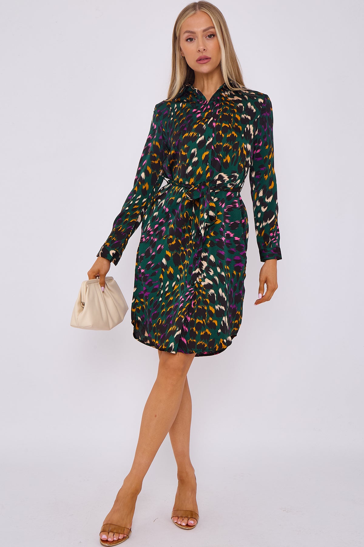 Emerald Leopard Print Bubble Satin Mini Shirt Dress
