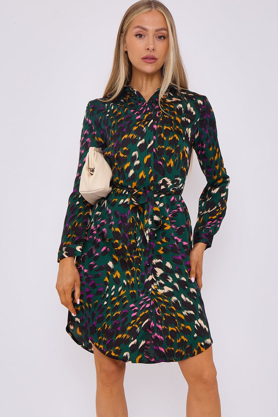 Emerald Leopard Print Bubble Satin Mini Shirt Dress