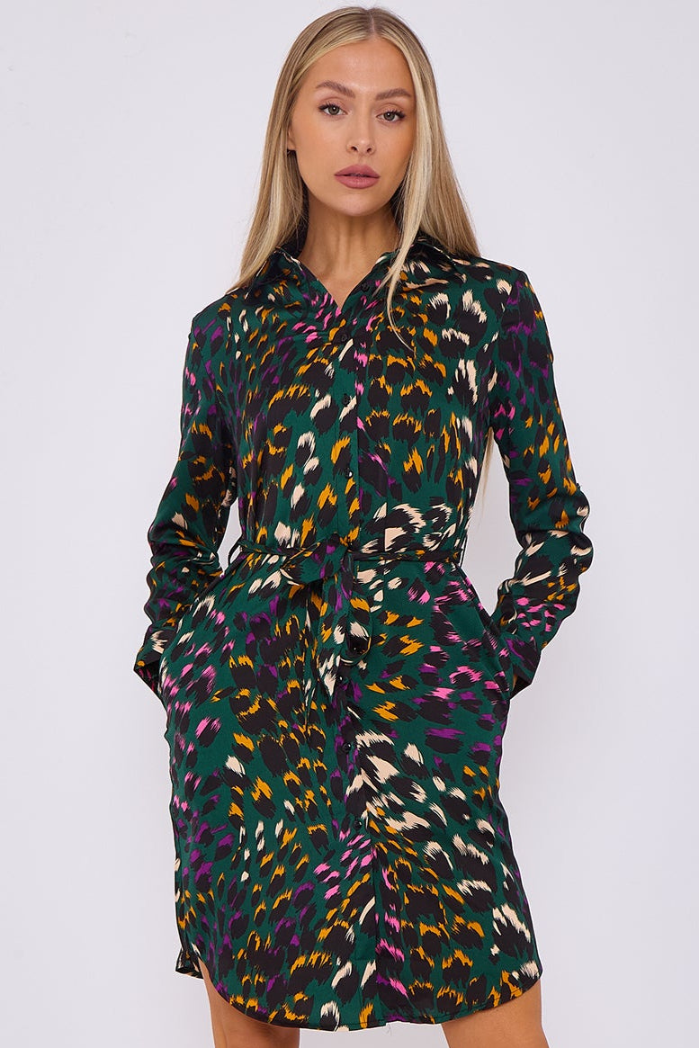 Emerald Leopard Print Bubble Satin Mini Shirt Dress