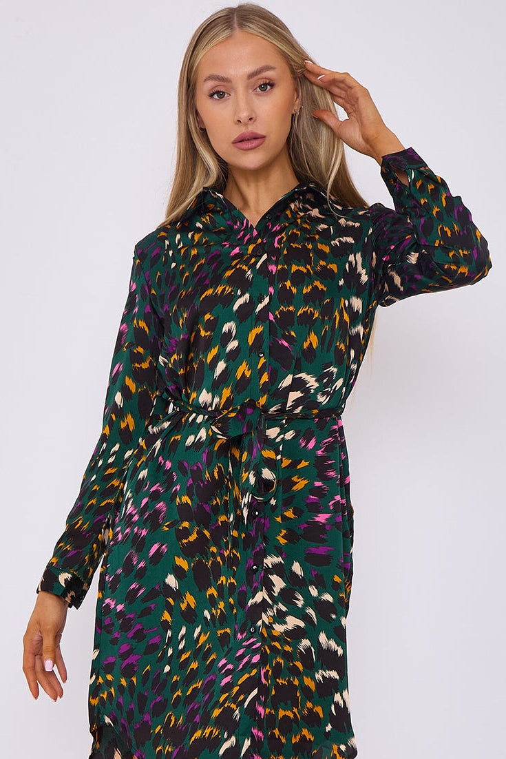 Emerald Leopard Print Bubble Satin Mini Shirt Dress