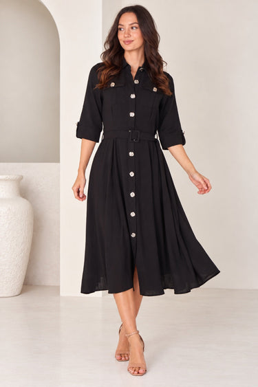 Love Sunshine Black Utility Belted Midi Shirt Dress Brunch Dress Casual Dress Dress with Pockets Dresses Everyday Dress Workwear Dress