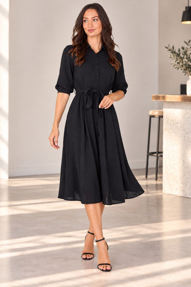Love Sunshine Black Textured Crepe Belted Midi Shirt Dress Brunch Dress Casual Dress Dress with Pockets Dresses Everyday Dress LS-2045 Workwear Dress
