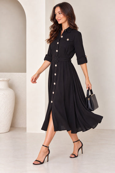 Love Sunshine Black Utility Belted Midi Shirt Dress Brunch Dress Casual Dress Dress with Pockets Dresses Everyday Dress Workwear Dress