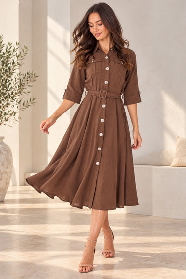Love Sunshine Chocolate Utility Belted Midi Shirt Dress Brunch Dress Casual Dress Dress with Pockets Dresses Everyday Dress Workwear Dress