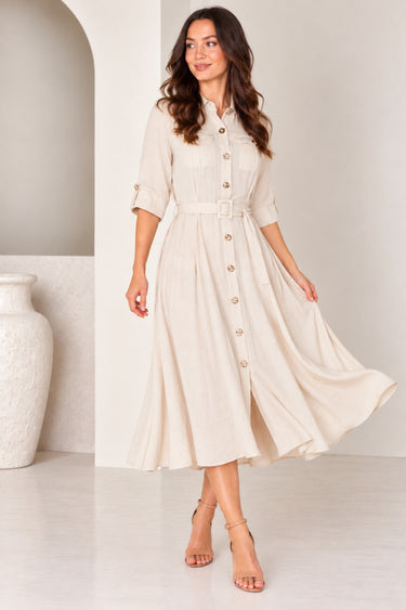 Love Sunshine Ivory Utility Style Belted Midi Shirt Dress Brunch Dress Casual Dress Dress with Pockets Dresses Everyday Dress Workwear Dress