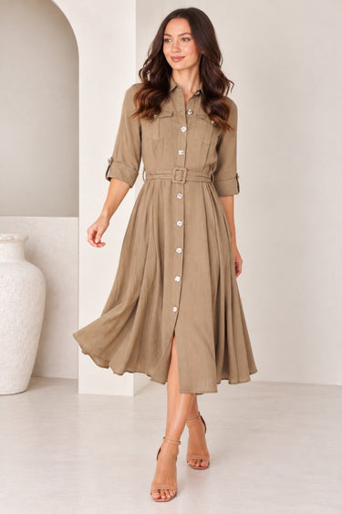 Love Sunshine Taupe Utility Belted Midi Shirt Dress Brunch Dress Casual Dress Dress with Pockets Dresses Everyday Dress Workwear Dress