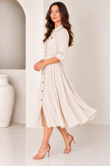 Love Sunshine Ivory Utility Style Belted Midi Shirt Dress Brunch Dress Casual Dress Dress with Pockets Dresses Everyday Dress Workwear Dress