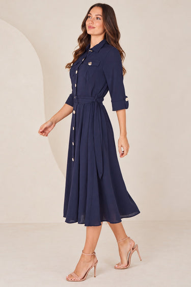 Love Sunshine Navy Utility Belted Midi Shirt Dress Brunch Dress Casual Dress Dress with Pockets Dresses Everyday Dress Workwear Dress